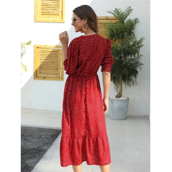 Polka Dot Red Midi Dress V-Neck Half Sleeve - Picture 6 of 7